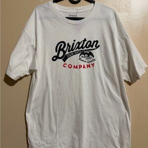 Brixton White Tee with Black Script and Red Accent